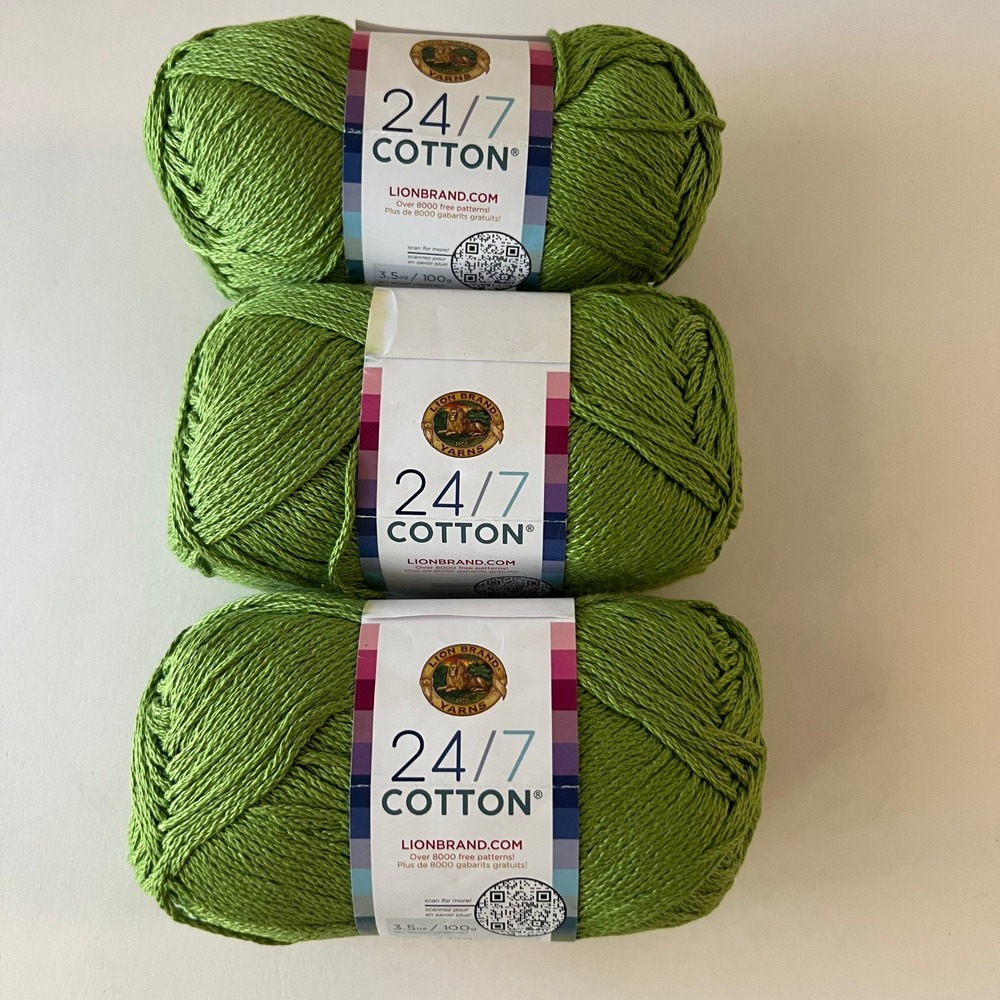 Lion Brand 24/7 Cotton Yarn 3 Skeins 3.5oz wt Mercerized Cotton Grass 172H